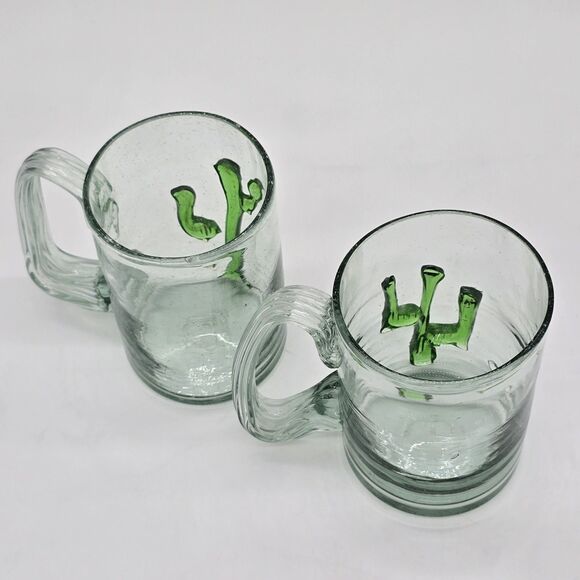 Set of 2 Large Hand Blown Beer Mugs Saguaro Cactus - Picture 3 of 7